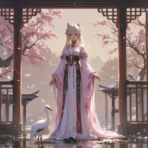 (masterpiece:1.2,Exceptional Quality,Mirror-like,Cinematic Experience,stylized color),,,,, 1girl, yellow long hair, solo, portrait,anime style, whtie theme, hair ornament, traditional clothing, hanfu, flowing robes, pink clothing, peach colored dress, long...