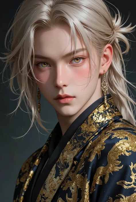 1man, Young man, ((age Around 22 to 27)), ((Yellow-Silver Hair, Medium Hair, tied Hairstyle, Chiseled face, High cheekbones, Sharp Prismatic Amber eyes, Athletic body)), wearing Chinese Dragon Pattern Hanfu, Intimidating aura, Standing, Full Body.