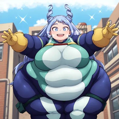 high resolution picture, masterpiece, best quality, amazing quality, official art,  hado_nejire from My Hero Academia , 1girl,nejire hadou, blue eyes, blue hair, long hair, medium breasts    (flat colors, pastel colors)        incoming hug,                ...