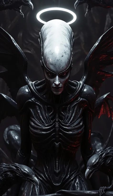 "Fallen angel xenomorph female, white halo helmet, black latex biomech suit, broken wings, surrounded by ravens, cracked porcelain face, baroque horror, red light reflections, sacred vs corrupted theme, moody atmosphere"