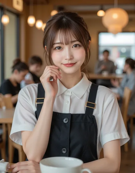 (top quality、Table Top、8k、best image quality、超A high resolution:1.5, (Photorealistic:1.4),masterpiece:1.2,(top-quality:1.4)、Raw photo)、Perfect Anatomy、dramatic scene、Woman working at a cafe、Maid Outfit、Maid Outfitを着たcafe clerk、(accentuates your body line:...