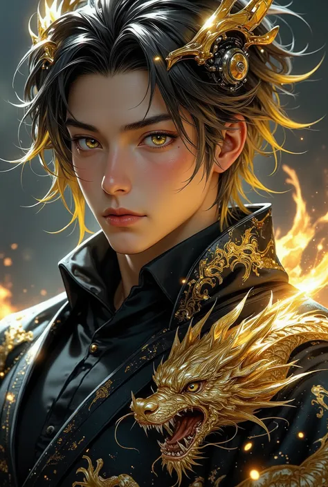 1man, Young man, ((age Around 22 to 27)), ((Yellow-Black Hair, Medium Hair, Chiseled face, High cheekbones, Sharp Prismatic Amber eyes, Athletic body)), wearing Chinese Dragon Pattern Hanfu, commercial、wearing Hi-Tech Headshets, Sci Fi Future Headshets,