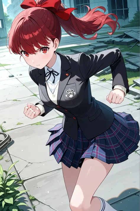 masterpiece,rich colors,movie-like lighting,1girl,throw,Japanese white radishを持つ,dynamic pose,uniform, school uniform, Ruins, medium breasts, red eyes, Red hair, High Ponytail,Red hair bow:1.7,serious expression,Naval School Cardigan,masterpiece, 最High Qua...