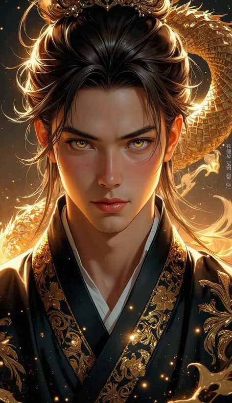 ((Top Quality, 8K, Masterpiece: 1.3)), Sharp Focus: 1.2, (Mature male, handsome, One Bangs Cover Right Eyes, Tied-Back hair, Medium hair, jfcut, Gold Prismatic Eyes, Flawless Eyes, ((Amber Hair)), freckles ,male focus, handsome man, thickly painted, semi-r...