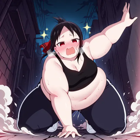 high resolution picture, masterpiece, best quality, amazing quality,  solo, 1girl,  Kaguya Shinomiya \(Kaguya sama\), ,black  hair, red eyes, , ,  small breasts ,source anime,                                       
 BREAK (curvy), cracked floor, dust cloud...