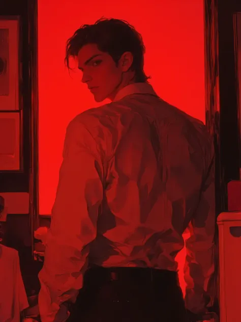 masterpiece, best quality, ultra high resolution, 4K, 8K, HDR, cinematic lighting, dramatic shadows, high contrast

muscular adult male character with broad shoulders and strong back, turned slightly away from camera, head turned back with intense eye cont...