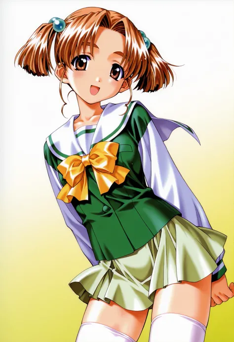 1girl,Emiru Nagakura,brown eyes,(brwon hair),short twintails,hair bobbles,looking at viewer,smile,open mouth,cowboy shot,green serafuku,white sailor collar,yellow bow,white long sleeve,mini skirt,(light green skirt :1.3),thighhighs,zettai ryouiki,