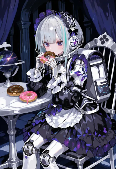 Maid Outfit。 silver hair。Galaxy pattern eye。mechanical joints。machine body。Planet Ring Skirt。raised space helmet。space equipment backpack。cute。gothic room。headdress。Big Shoulder Armor。gothic table chair。donut。eating a donut