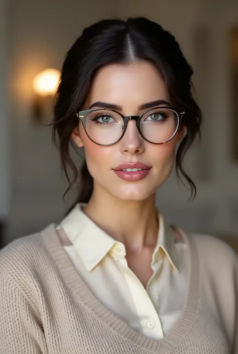arafed woman wearing a collared satin blouse under a crewneck sweater, warm smile, gorgeous eyes, glasses