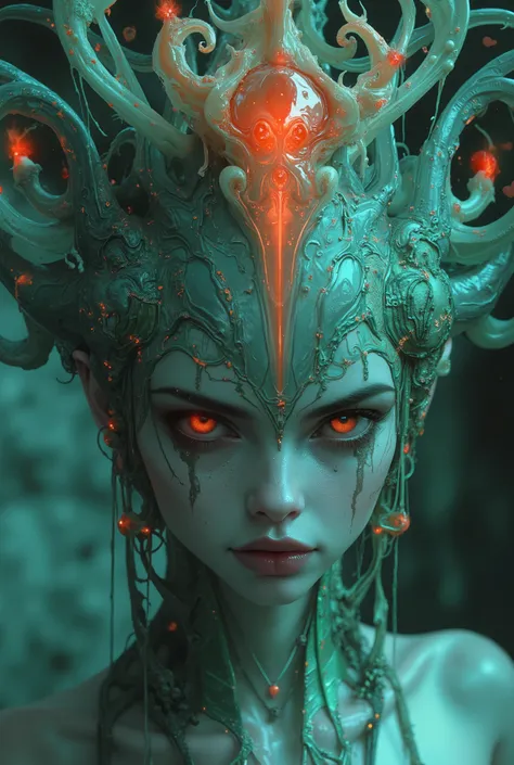 neon colored, (1 beautiful and obscene female alien:1.4), (There is a female genital-like organ in the middle of her forehead:1.95), She has medusa-like hair, (there are lots of translucent tentacles from her head like her hair:1.5), (vulgarity1.7), (she i...