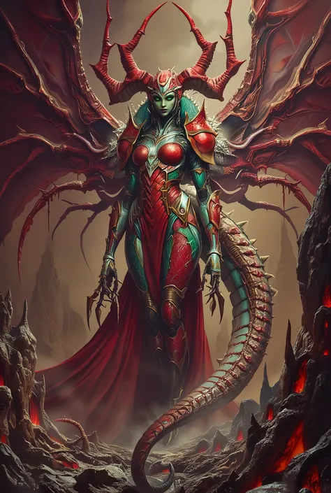 A terrifying and majestic female demon queen with a fully transformed biomechanical body — her form is covered in red and green chitinous armor, organic scales, and ridged tendrils, giving her a fusion of insectoid and reptilian elegance — glowing emerald ...