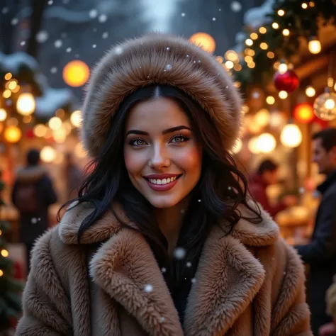 woman wearing a fur coat and a fur hat, smiling, happy attitude, outside, christmas fair with lot's of decorations and christmas lights in the background, heavy snowing,