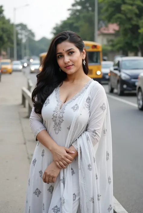 Beautiful middle-aged Indian woman waiting on footpath for school bus at busy Indian streets. Woman is 38 year old, fair skinned, model like, beautiful woman, beautiful eyes, natural sagging breasts, curvy figure, natural realistic skin, wide waists, weari...