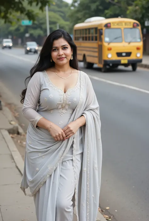 Beautiful middle-aged Indian woman waiting on footpath for school bus at busy Indian streets. Woman is 38 year old, fair skinned, model like, beautiful woman, beautiful eyes, natural sagging breasts, curvy figure, natural realistic skin, wide waists, weari...