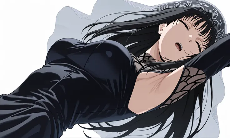 masterpiece, best quality, amazing quality, anime screencap, 1girl, solo, osaragi, osaragi (sakamoto days), black hair, long hair, black eyes, veil, black dress, arm behind head, armpit, head towards viewer, eyes closed, (front light:1.1), from side, from ...
