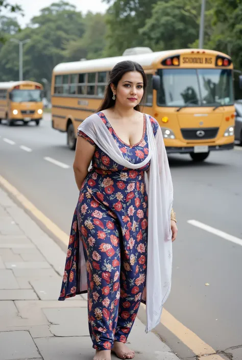 Beautiful middle-aged Indian woman waiting on footpath for school bus at busy Indian streets. Woman is 38 year old, fair skinned, model like, beautiful woman, beautiful eyes, natural sagging breasts, curvy figure, natural realistic skin, wide waists, weari...