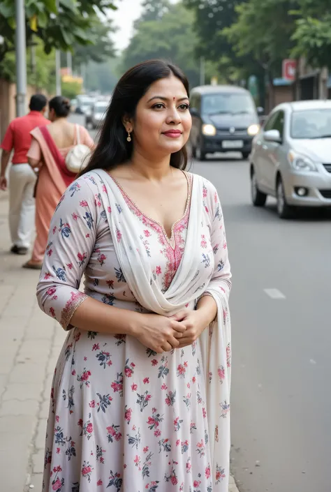 Beautiful middle-aged Indian woman waiting on footpath for school bus at busy Indian streets. Woman is 38 year old, fair skinned, model like, beautiful woman, beautiful eyes, natural sagging breasts, curvy figure, natural realistic skin, wide waists, weari...