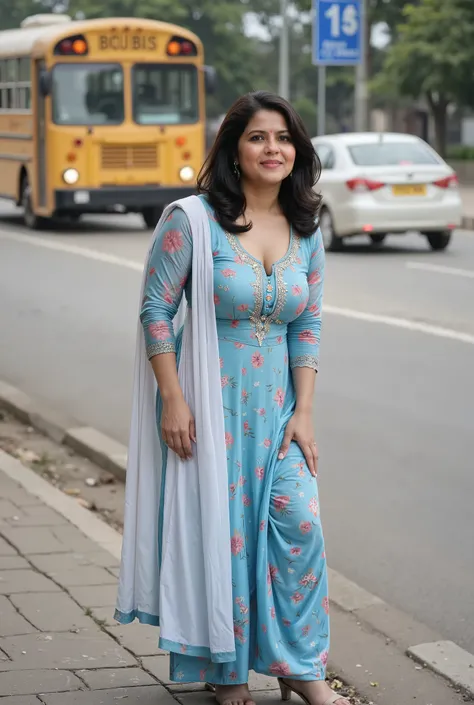 Beautiful middle-aged Indian woman waiting on footpath for school bus at busy Indian streets. Woman is 38 year old, fair skinned, model like, beautiful woman, beautiful eyes, natural sagging breasts, curvy figure, natural realistic skin, wide waists, weari...