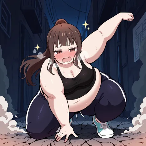 high resolution picture, masterpiece, best quality, amazing quality,  solo, 1girl,  Miko Lino \(Kaguya sama\), ,brown hair, brown eyes, , , medium breasts ,source anime,                                       
 BREAK (curvy), cracked floor, dust cloud super...