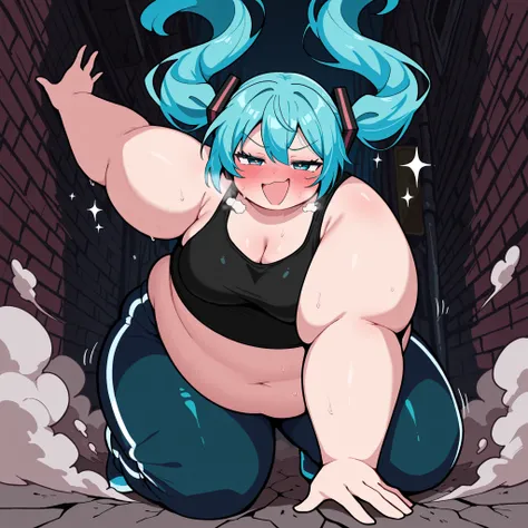 high resolution picture, masterpiece, best quality, amazing quality,  solo, 1girl,  Hatsune Miku, ,blue hair, blue eyes, , , medium breasts ,source anime,                                       
 BREAK (curvy), cracked floor, dust cloud superhero landing,, ...
