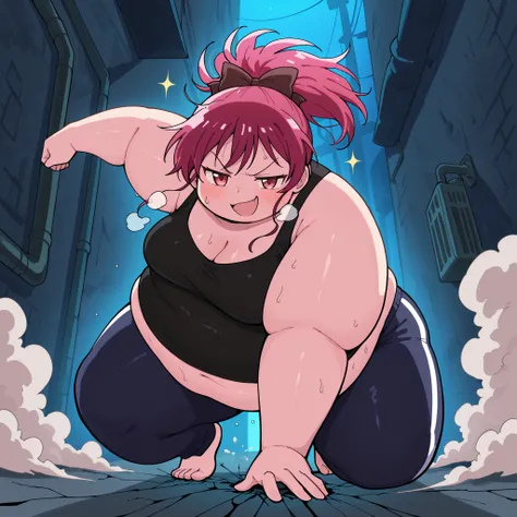 high resolution picture, masterpiece, best quality, amazing quality,  solo, 1girl,  Kyouko Sakura \(Puella magi Madoka\), ,red hair, red eyes, ,ponytail , medium breasts ,source anime,                                       
 BREAK (curvy), cracked floor, d...