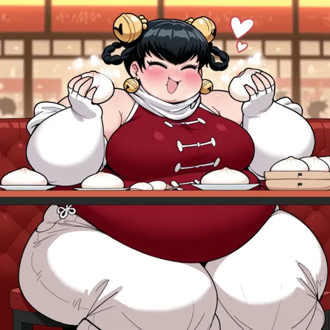 masterpiece, best quality, 1girl, solo  opmll, black hair, short hair, hair rings, twin braids, hair bell, earrings, white scarf, red shirt, sleeveless shirt, detached sleeves, elbow gloves, fingerless gloves, white pants, baggy pants, (large breasts:0.7),...