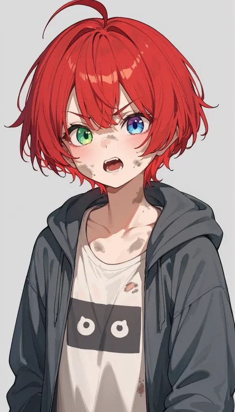 little girl,Grey Hoodie,Blue Eyes,White eyes,Short hair,cute, torn shirt,cute,Dust Mess,,Open your mouth,Fierce face, ahoge ,heterochromia,red hair,Angry,gray background,dirty,gray background, With Animal Ears