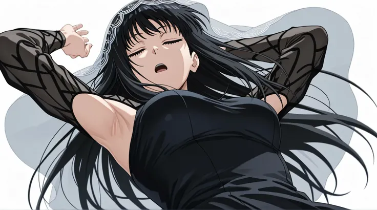 masterpiece, best quality, amazing quality, anime screencap, 1girl, solo, osaragi, osaragi (sakamoto days), black hair, long hair, black eyes, veil, black dress, arms up, armpit, head towards viewer, eyes closed, (front light:1.1), from side, from below, h...