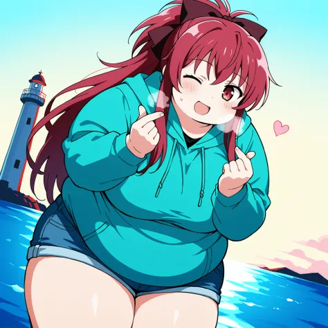score_9, score_8_up, score_7_up, source_anime,  kyouko sakura, long hair, red eyes, ponytail, hair bow, red hair,, shorts, hood, hoodie, denim, blue shorts, denim shorts,, lighthouse, light, sea, tall, guidance, smile,  , blush, open mouth, leaning forward...
