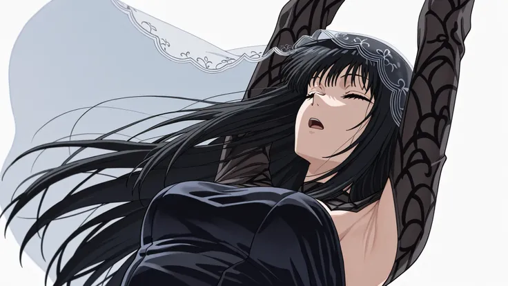 masterpiece, best quality, amazing quality, anime screencap, 1girl, solo, osaragi, osaragi (sakamoto days), black hair, long hair, black eyes, veil, black dress, Raise arms straight up over head, armpit, head towards viewer, eyes closed, (front light:1.1),...