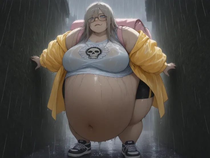 1girl, blue eyes, dark medium length hair, (walking forward) (large black and white sneakers) (huge stuffed belly), (bloated and stuffed belly), (popped navel) (outie bellybutton)(wearing kakhi shorts, light blue t shirt with a skull graphic on it, yellow ...