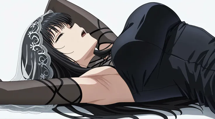 masterpiece, best quality, amazing quality, anime screencap, 1girl, solo, osaragi, osaragi (sakamoto days), black hair, long hair, black eyes, veil, black dress, Raise arms straight up over head, armpit, head towards viewer, eyes closed, (front light:1.1),...