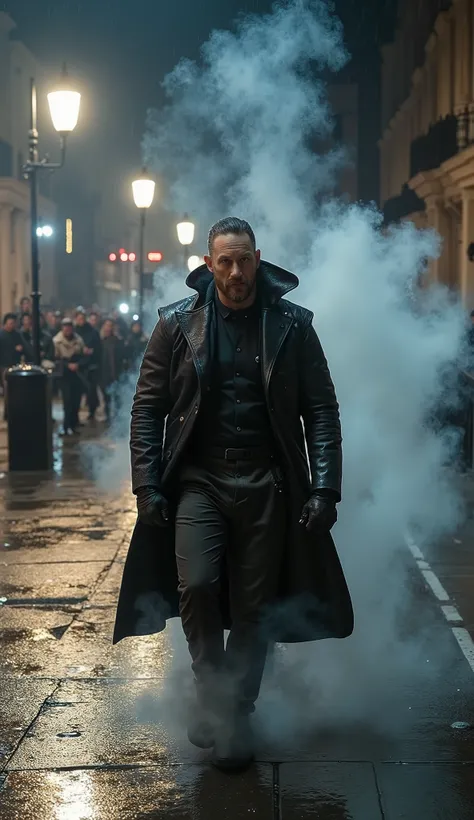 Tom Hardy A hyper-realistic and humanized version stands silently in the middle of a dimly lit London street at night. The wet pavement reflects the glow of old lamp posts and distant car headlights filtered by the fog. He is dressed in a classic gray and ...