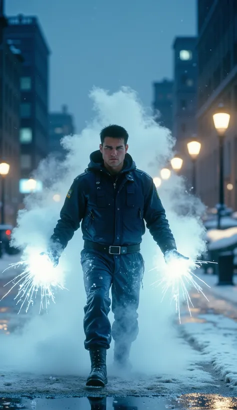 A hyperrealistic version of Tom Cruise standing in the center of a light urban street abandoned and icy at night, illuminated by the cold blue lights of the city. He wears a dark tactical combat suit, and functional, with subtle blue details All your prese...