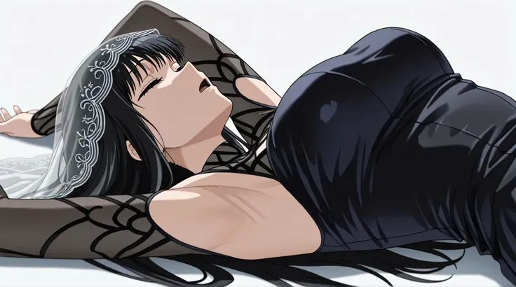 masterpiece, best quality, amazing quality, anime screencap, 1girl, solo, osaragi, osaragi (sakamoto days), black hair, long hair, black eyes, veil, black dress, Raise arms straight up over head, armpit, head towards viewer, eyes closed, (front light:1.1),...