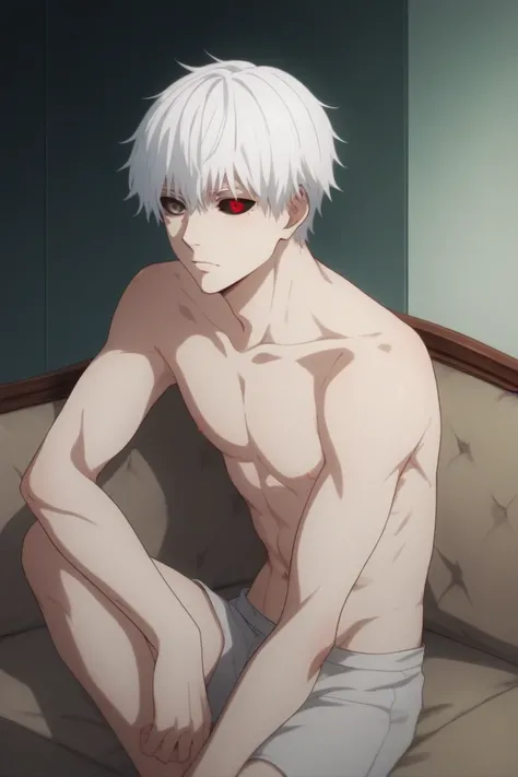 Ken Kaneki, male, white hair, colored sclera, black sclera, grey eye, red eye, heterochromia, topless sitting on couch