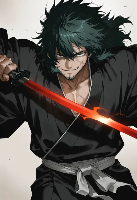 masterpiece, 1male, taller frame, dark green hair, fluffy hair, wearing a black stylish kimono, holding a giang sword, black and red sword, arrogant smirk, scar on the cheek, stubby facial hair, \(quality\), , score_9, score_8_up, score_7_up, source_manga,...