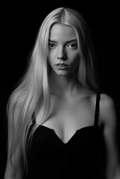 In a monochromatic setting, a girl showcases striking long, blonde hair that flows freely over their shoulders. The hair is characterized by its smooth texture and subtle layers, catching the light in gentle highlights that contrast against a shadowy backd...