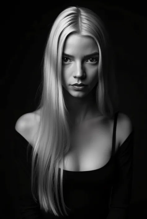 In a monochromatic setting, a girl showcases striking long, blonde hair that flows freely over their shoulders. The hair is characterized by its smooth texture and subtle layers, catching the light in gentle highlights that contrast against a shadowy backd...
