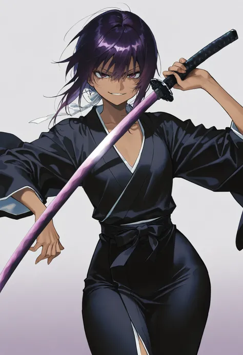 masterpiece, 1female, taller frame, dark purple hair, dark skin, wearing a black stylish kimono, holding a giang sword, purple curved sword, smirk, flat chest, wide hips, \(quality\), , score_9, score_8_up, score_7_up, source_manga, colored, Tite Kubo mang...