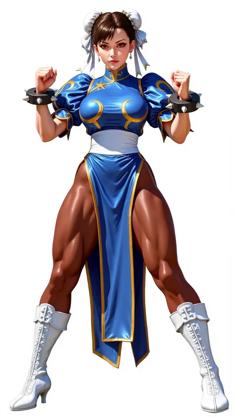 (chun-li_street fighter 5),blue china dress(No flower decorations)、puffy short sleeves、Spread both legs (red brown pantyhose),The border of the clothes is gold(Nothing on a leotard),Chinese clothes hang back slit,Chinese clothes hang down to the knee,blue ...