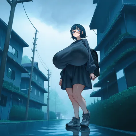 1girl, blue eyes, dark medium length hair, () (3/4 angle) ()(large sneakers) , (wearing kakhi shorts, oversized tanktop small circular glasses, large pink backpack over one shoulder), (immobile) () (college campus background, (college gothic architecture b...