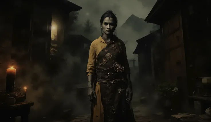 Asian Samurai girl, beautiful face, perfect body, Japanese village, dark, nighttime, foggy, dark street, Japanese mountain background, sexy, seductive, high detail, masterpiece.