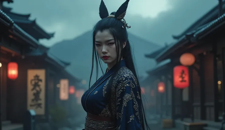 Asian Samurai girl, beautiful face, perfect body, Japanese village, dark, nighttime, foggy, dark street, Japanese mountain background, sexy, seductive, high detail, masterpiece.
