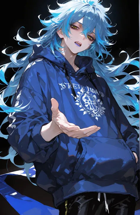 Mature man, man, one man,BREAK Disney Twisted-Wonderland,Disney Twisted-Wonderland_idia shroud, idia shroud, Male, man, standing, serious, yellow eyes, blue lip , burnt blue hair, burnt light blue hair, long hair, bangs,Yellow eyes, dark circles under the ...
