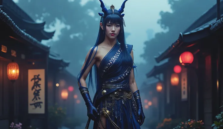 Asian Samurai girl, beautiful face, perfect body, Japanese village, dark, nighttime, foggy, dark street, Japanese mountain background, sexy, seductive, high detail, masterpiece.