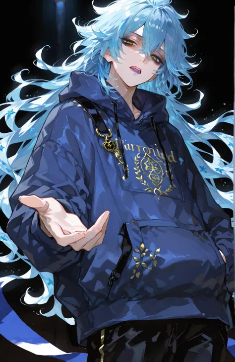 Mature man, man, one man,BREAK Disney Twisted-Wonderland,Disney Twisted-Wonderland_idia shroud, idia shroud, Male, man, standing, serious, yellow eyes, blue lip , burnt blue hair, burnt light blue hair, long hair, bangs,Yellow eyes, dark circles under the ...