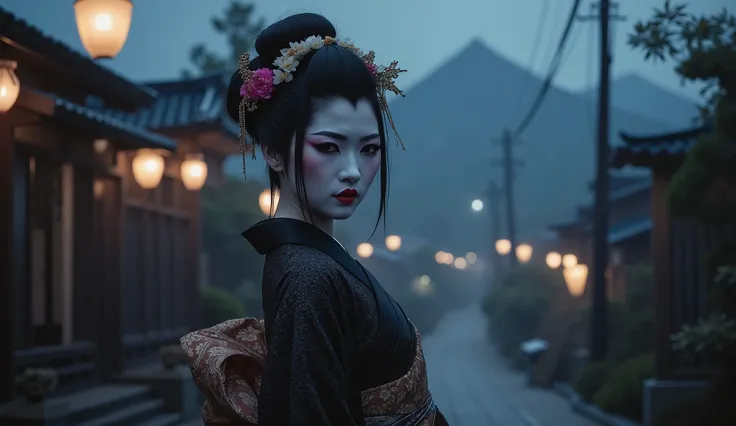 Asian Geisha girl, beautiful face, perfect body, Japanese village, dark, nighttime, foggy, dark street, Japanese mountain background, sexy, seductive, high detail, masterpiece.