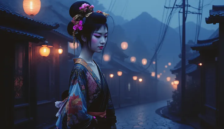 Asian Geisha girl, beautiful face, perfect body, Japanese village, dark, nighttime, foggy, dark street, Japanese mountain background, sexy, seductive, high detail, masterpiece.