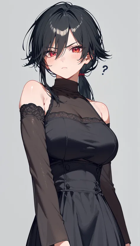 alone,girl, tomboy, black hair,ผมสีดำ,in red eyes,long hair,Fierce face,good figure,slim,Tall,Calm down,front focus,standing,Serious-Faced Shirt,Upper Body Shape,milf,long hair,gray background,,bright,looking at the audience,big breasts,Confused,Turtleneck...